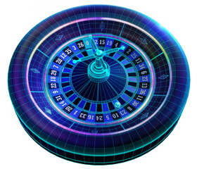 A blue wireframe display of a casino roulette wheel, an iconic symbol of chance and fortune. 3D illustration