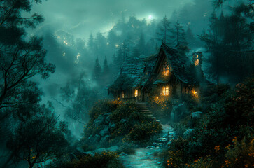 Witch house in mysterious dark forest, fantasy. AI generative