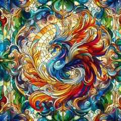 Artistic Brilliance of a Phoenix Rising, Rendered in Stained Glass, Illuminating a Spectrum of Vibrancy