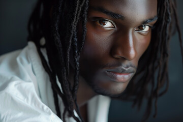 Close-up portrait of a very handsome African American man with brown eyes, long deadlock hair, and a white shirt - dark background - obrazy, fototapety, plakaty