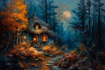 Witch house in mysterious dark forest, fantasy. Halloween. AI generative