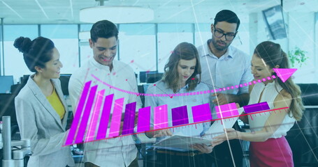 Image of financial data processing over diverse businesspeople in office