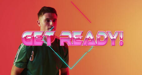 Image of get ready text with shapes over caucasian male soccer player bouncing ball