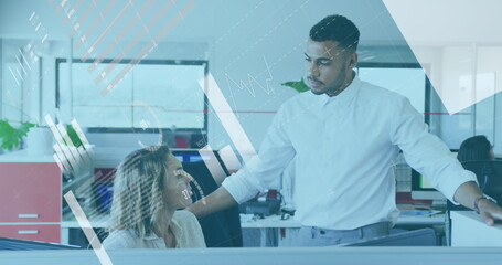 Image of data processing over caucasian businessman and businesswoman