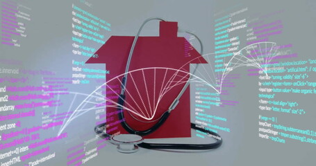 Image of dna strand, stethoscope, house and data processing