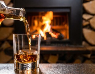 Whiskey being poured blurry fireplace background with space to the right