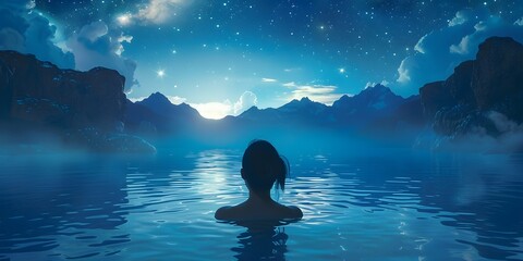 Serene Woman Soaking in Starry Night Hot Spring Peaceful Rejuvenation and Tranquil Solitude in Nature s Embrace - obrazy, fototapety, plakaty