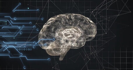 Image of human brain and data processing over dark background
