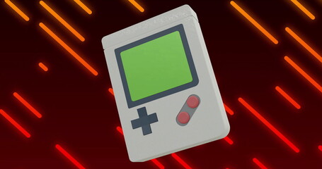 Image of rotating retro handheld game device over diagonal red neon lines on black background