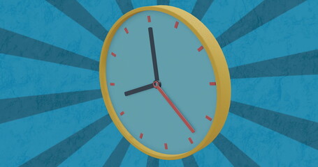 Image of 3d yellow clock icon rotating over radial stripes on blue background