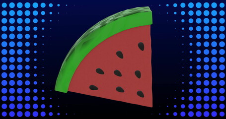 Image of 3d watermelon slice icon rotating over flashing blue rings on black background