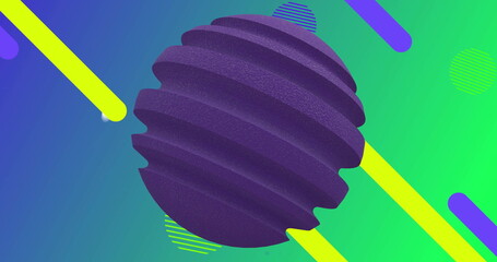 Image of 3d purple massage ball icon rotating over abstract shapes on green and blue background