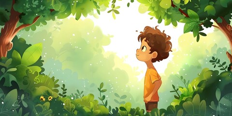 Curious Child Brainstorming Amidst Lush Forest Greenery and Sunlit Canopy