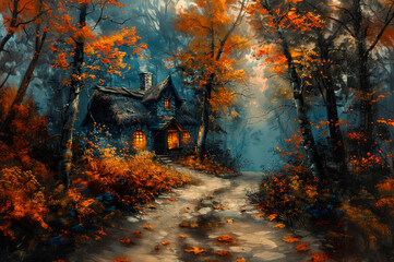 Witch house in mysterious dark forest, fantasy. Halloween. AI generative - 785308384