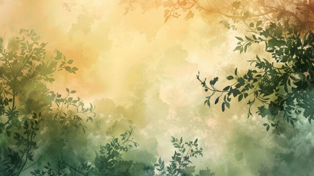Misty Morning in the Forest with Sun Rays Peeking Through Tree Branches. Watercolor Abstract Landscape Background