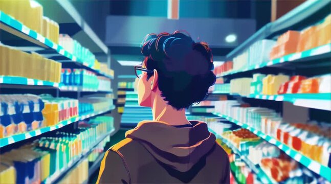Rear view of a person with glasses looking down a grocery store aisle. Vivid color digital illustration. Consumer choice and modern lifestyle concept.