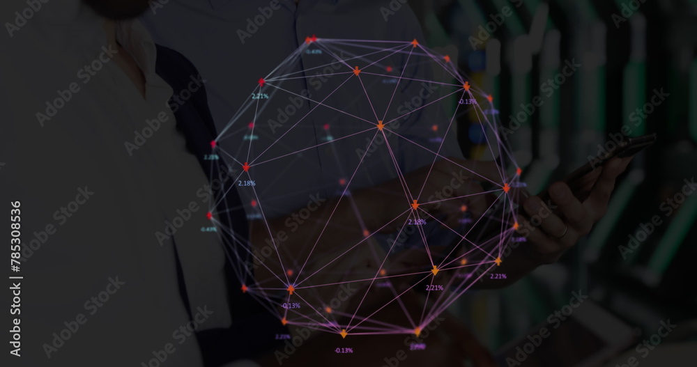 Poster image of web of connections with numbers floating over a gorup of people using tablets