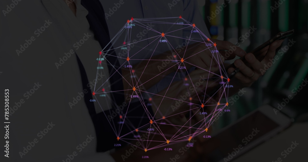 Poster image of web of connections with numbers floating over a gorup of people using tablets