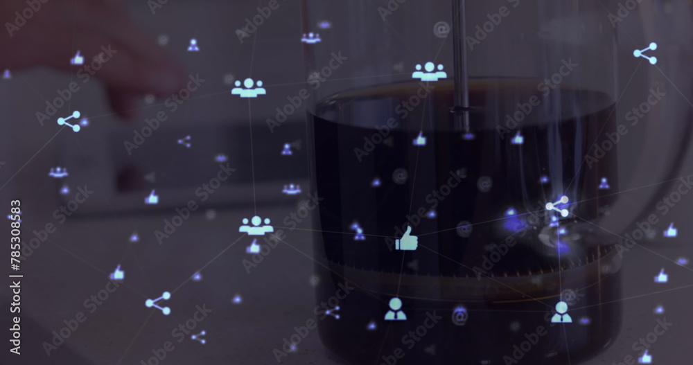 Poster image of web of connections with icons floating over hands of a man using a digital tablet