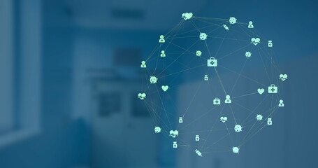 Image of network of connection with interface medical icons on a blue background - Powered by Adobe