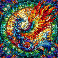 Colorful Flight of Rebirth: A Stained Glass Phoenix Ascending Against a Vivid, Dazzling Background