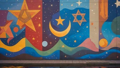 A vibrant mural depicting the peaceful coexistence of multiple religions, with symbols like the cross, crescent, Om, and Star of David intertwined in harmony. A mural of unity. Artistic expression