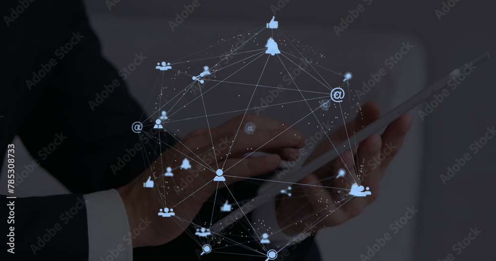 Poster image of web of connections with icons floating over hands of a man using a digital tablet