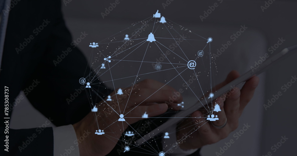 Poster image of web of connections with icons floating over hands of a man using a digital tablet