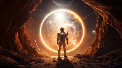 astronaut in spacesuit stands in front of a large orange circle - obrazy, fototapety, plakaty