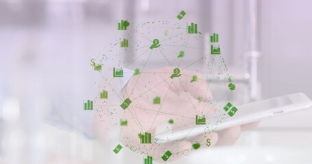 Image of web of connections with icons floating over caucasian man using a smartphone