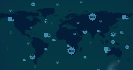 Image of web of connections with icons floating over a world map on a dark background