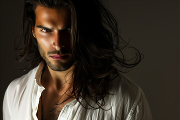 Close-up portrait of a very handsome young hispanic / latino man with long dark hair, brown eyes, a very short beard, and a white shirt - isolated, dark background, copy space