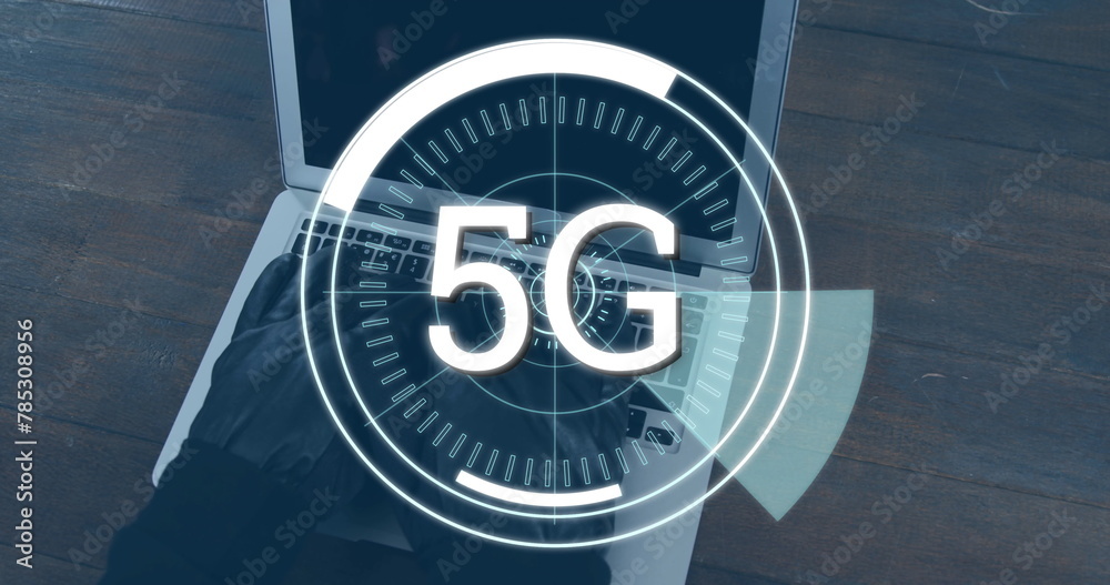 Poster digital image of futuristic circles moving around 5g with background a hacker wearing gloves using a