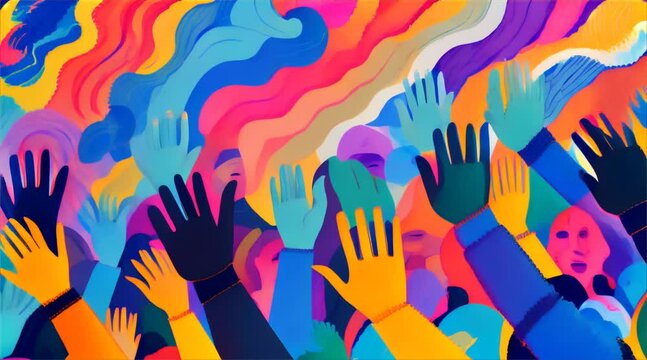 Vibrant crowd of raised hands with abstract swirls. Colorful digital illustration. Celebration, unity, and diversity concept. 