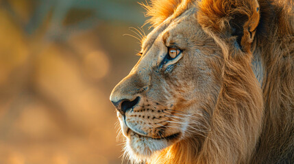 Closeup side profile of the face of a male lion 