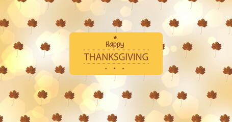 Fototapeta premium Image of happy thanksgiving text over autumn leaves