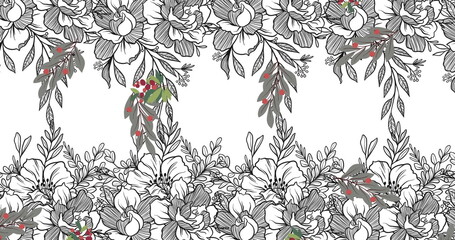 Digital image of multiple leaves icons against floral designs on white background