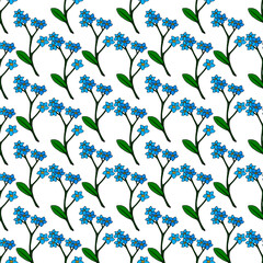 Seamless pattern with fantastic forget-me-not on white background. Vector image.