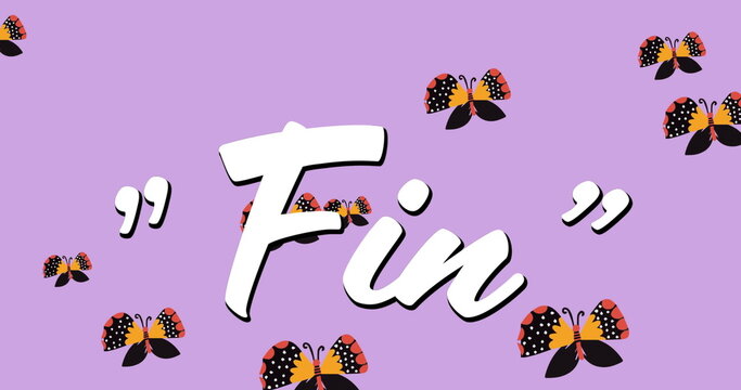 Fototapeta Digital image of fin text against multiple butterfly icons floating on purple background