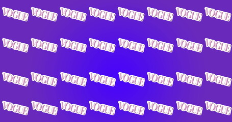 Image of vogue text in lilac on white, repeated and moving on purple background