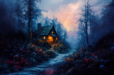 Witch house in mysterious dark forest, fantasy. Halloween. AI generative