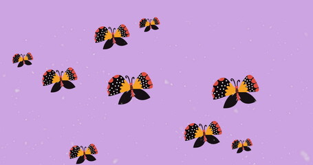 Naklejka premium Digital image of multiple butterfly icons and white particles floating against purple background
