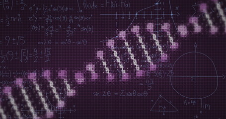 Image of mathematical equations over dna strand on black background
