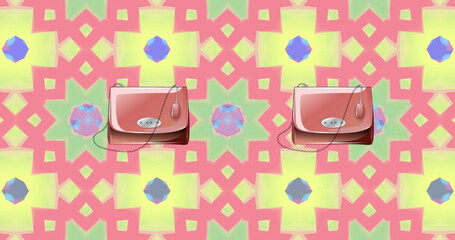 Image of pink handbags over colourful kaleidoscopic background