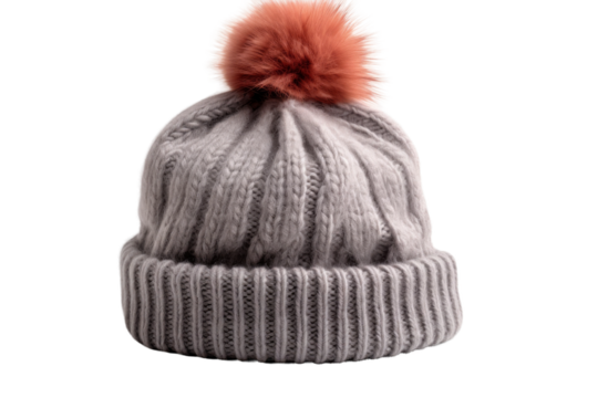 The Mystical Gray Hat: A Fluffy Red Pom Pom Atop. On a White or Clear Surface PNG Transparent Background.