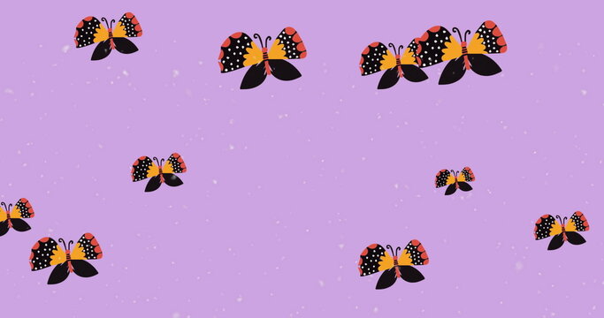 Fototapeta Digital image of multiple butterfly icons and white particles floating against purple background