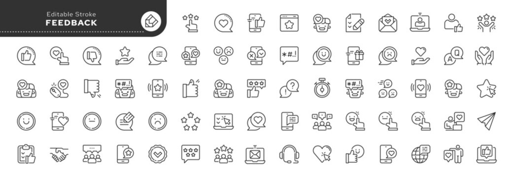 Set of line icons in linear style. Series - Feedback. Like, review and comment on Internet content. User opinion and survey. Outline icon collection. Conceptual pictogram and infographic.