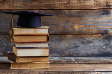 Blue graduation cap on stack of old books on wooden background, copy space
