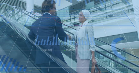 Image of financial data processing over diverse business people in office