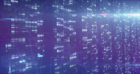 Image of network of connections over moving columns on black background